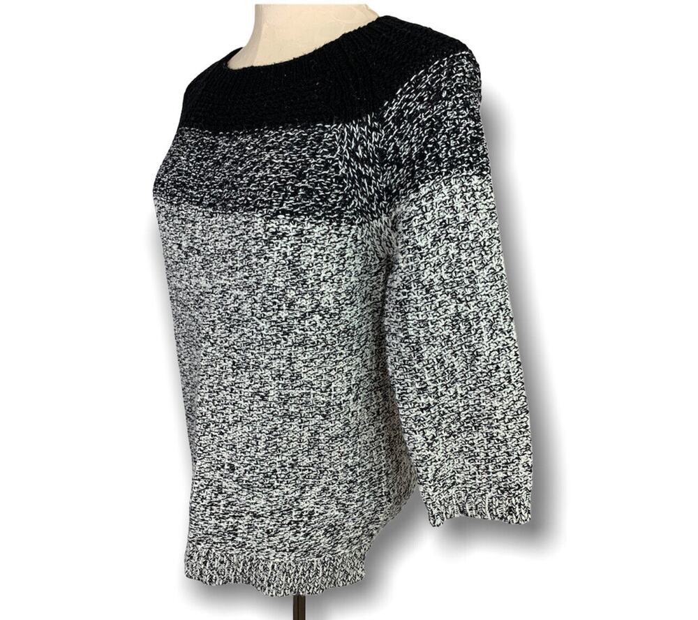 Medium Ann Taylor Black White Marled Knit Womens 3/4 Sleeve Sweater Merino Wool
